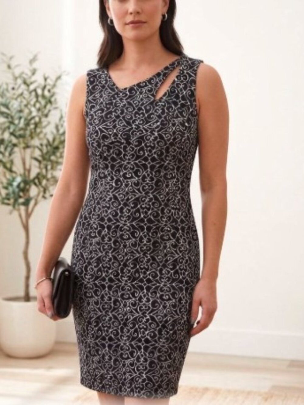 Tonia DeBellis Black & White Scroll Sheath Dress - Size M  Pre - Loved